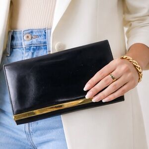 Gucci Black Leather Clutch Wallet Gold Trim Vintage Designer Envelope Purse